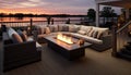 Modern cozy outdoor patio with fireplace, sofas in the carefully landscaped garden of a country house