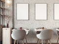 Modern cozy restaurant interior with blank picture frames. 3d rendering Royalty Free Stock Photo