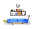 Modern Cozy Room Interior Design, Blue Sofa, Bookshelf Comfy Furniture and Home Decoration Accessories Vector Royalty Free Stock Photo