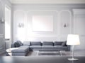 Modern cozy room with table and lamp on foregound and on focus, 3d rendering