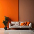 Modern Cozy Sofa With Pillows Infront Of Empty Bright Orange Wall, Minimalism Interior Living Room, Soft Light, Generative AI Royalty Free Stock Photo