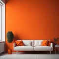 Modern Cozy Sofa With Pillows Infront Of Empty Bright Orange Wall, Minimalism Interior Living Room, Soft Light, Generative AI Royalty Free Stock Photo