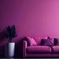 Modern Cozy Sofa With Pillows Infront Of Empty Bright Pink Wall, Minimalism Interior Living Room, Soft Light, Generative AI Royalty Free Stock Photo