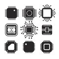 Modern cpu collection with flat icon design in black color. Electronic processor chip hardware. Tech cpu processor unit set
