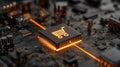 Modern CPU with Glowing Orange E-commerce Icon - Advanced Retail Computing Concept Royalty Free Stock Photo
