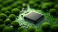 A modern CPU processor chip placed on a vibrant green background Royalty Free Stock Photo