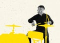Contemporary art collage of young man playing drawn yellow drums isolated over light background