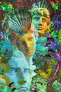 Modern creative background with ancient statue head and sea shells. Collage with sculpture of human face and seashells