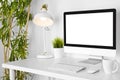 Modern creative designer workplace with desk computer on white table Royalty Free Stock Photo