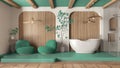 Modern creative turquoise and wooden bathroom, open space with parquet and concrete floor. Roof beams, shower, free standing