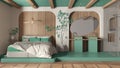 Modern creative turquoise and wooden bedroom with bathroom, open space with parquet and concrete floor. Roof beams, large shower,