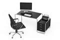 Modern Creative Workspace. Computer is on Office Table with Black Leather Chair. 3d Rendering