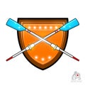 Modern cross oars for rowing in center of shield isolated on white. Sport logo for any team or championship