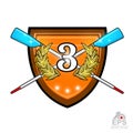 Modern crossed oars for rowing with number three in the middle of golden laurel wreath on the shield. Sport logo for any team or c