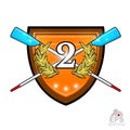 Modern crossed oars for rowing with number two in the middle of golden laurel wreath on the shield. Sport logo for any team or cha