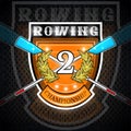 Modern crossed oars for rowing with number two in the middle of golden laurel wreath on the shield. Sport logo for any team