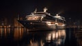 Modern cruise liner in the harbor at night, generative ai Royalty Free Stock Photo