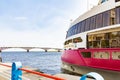 The modern cruise ship` Mustai Karim ` of the PV300 project is approaching the pier Royalty Free Stock Photo