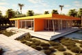 Modern cube orange house in summer with blue sky