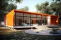 Modern cube orange house in summer with blue sky
