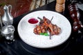 Modern cuisine. Close up view on reastaurant serving rack of lamb on white plate. Front view meat food for lunch. lamb chop meal. Royalty Free Stock Photo