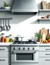 Modern culinary workspace featuring kitchen equipment and organized shelves Royalty Free Stock Photo