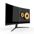 Curved Computer Monitor Displaying Golden Gears on a Black Screen Section image photo Royalty Free Stock Photo