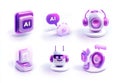 Modern customer app laptop illustration. Inclusion of headset, speech bubble, and cyborg. Using AI robot bot, chat