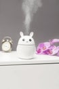 Modern cute air humidifier with steam,water articles,essential aroma oil diffuser and houseplant on table commode in bed Royalty Free Stock Photo