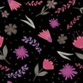 Modern cute forest little flowers and leaves seamless pattern on black background. Folk floral wallpaper Royalty Free Stock Photo