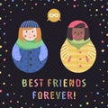 Modern cute and funny cartoon matryoshkas (red hair and african american). Best friends forever card and background. Royalty Free Stock Photo