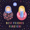 Modern cute and funny cartoon Matryoshkas (red hair and blond). Best friends forever card and background. Royalty Free Stock Photo