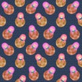 Modern cute and funny cartoon naive long pink hair russian doll pattern. Royalty Free Stock Photo