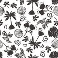 Modern cute hand drawn summer beach,palm tree ,triopical leaves and flower balack and white semaless pattern vector EPS 10 Royalty Free Stock Photo