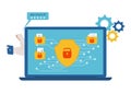 Modern cybercrime attack phishing information, laptop device technology protect data flat vector illustration, isolated