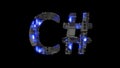 modern cybernetical text C# shining blue electric light, isolated - object 3D rendering