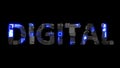 Modern cybernetical text DIGITAL shining blue electric light, isolated - object 3D rendering