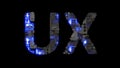 Modern cybernetical text UX shining blue electrical light, isolated - object 3D rendering