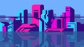 Modern cyberpunk city on blue sky background