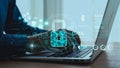 Modern Cybersecurity Concept on Laptop Displaying Padlock Symbol with Data Protection Interface and Hands Typing on Royalty Free Stock Photo