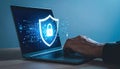 Cyber Security Shield On Laptop: Digital Lock and Data Protection Concept Royalty Free Stock Photo