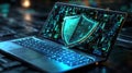 Modern Cybersecurity Laptop on Futuristic Surface with Network Elements Royalty Free Stock Photo