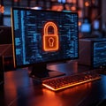 Modern Cybersecurity Workspace with Active Keyboards and Encryption Symbols