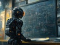 Future Education: A Modern Cyborg Teaching at the Blackboard Royalty Free Stock Photo