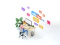 Woman web developer working on freelance. Isometric illustration icon with web development for concept design. 3d render