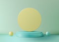 Modern 3D Composition with Light Blue Platform, Floating Yellow Circle Backdrop, and Geometric Spheres Royalty Free Stock Photo