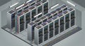 Modern 3D data center with colorful server racks and cable connections Royalty Free Stock Photo