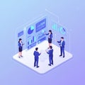 Isometric Business Team Collaborating on Futuristic Data Analysis Dashboard with Holographic Charts Royalty Free Stock Photo