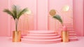 Modern 3d pink oval podium with ladder on solid pink background for exhibitions and presentations