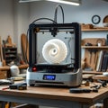 Modern 3D printer in a bright workshop crafting a complex white form, embodying generative AI